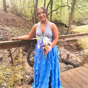 Sky Blue Ruffled Halter Dress